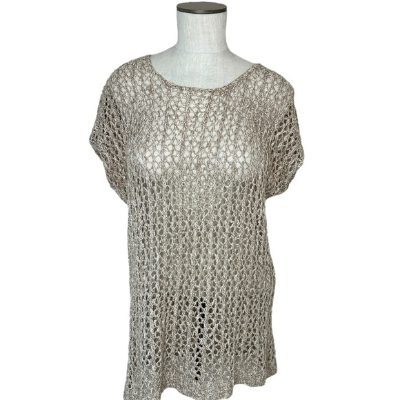 J.Jill Linen Open Knit Crochet Sweater Size M Beige Boho Coastal - Picture 1 of 6